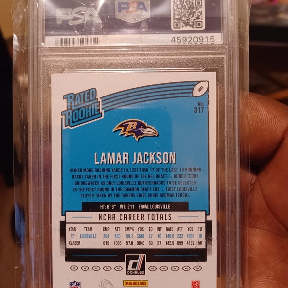 Graded 2018 Panini Donruss Lamar Jackson #317 Rookie RC Football Card - Picture 3 of 3